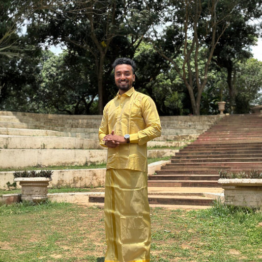 Horad Premium Art Silk Dark Gold Shirt + Welcro Dhoti