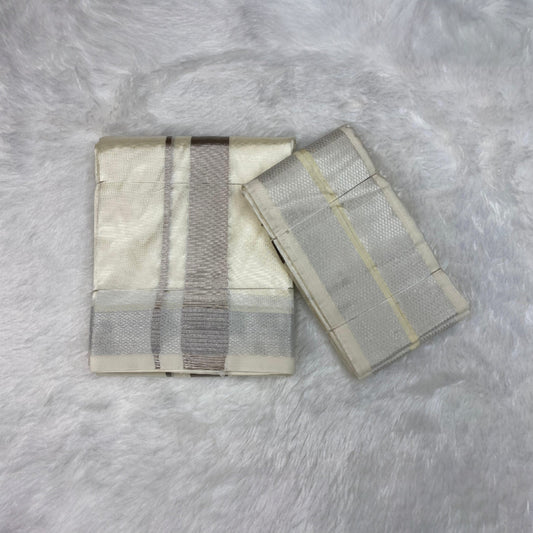 HORAD Premium Art Silk Cream With Silver Zari  Dhoti + Angavastram (8X4)