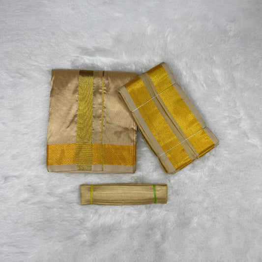 HORAD Premium Art Silk Light Gold  Dhoti + Angavastram + Belt