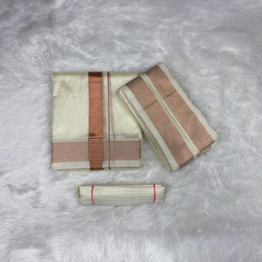 HORAD Premium Art Silk Cream Dhoti + Angavastram + Belt (9X5)