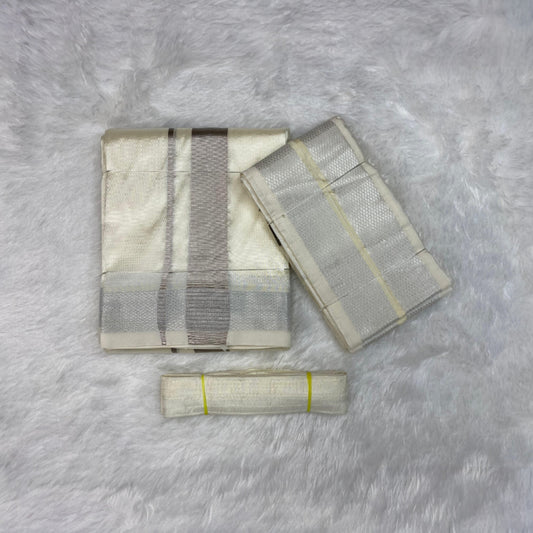 HORAD Premium Art Silk Cream with Silver Zari  Dhoti + Angavastram + Belt