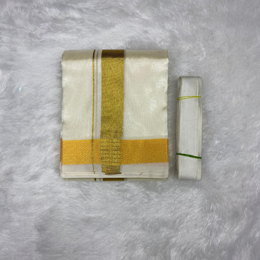 HORAD Premium Art Silk Cream with Gold Dhoti + Belt