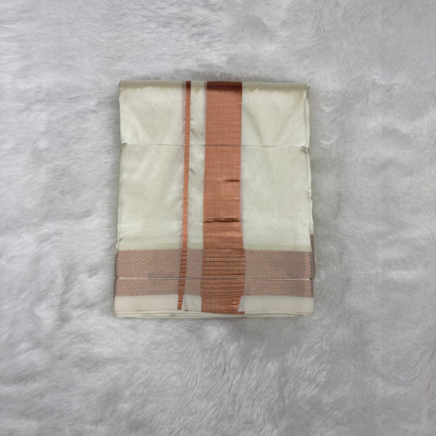 Horad Premium Art Silk Cream Balaji Embroidery Shirt + Cream with Copper Border Dhoti + Belt