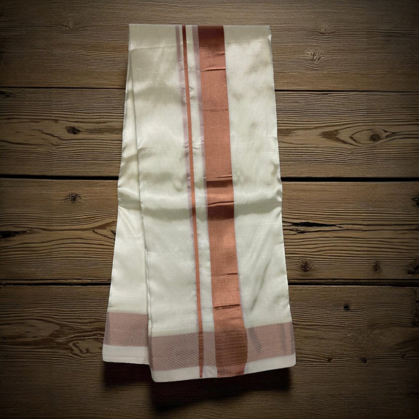 Horad Premium Art Silk Cream Balaji Embroidery Shirt + Cream with Copper Border Dhoti + Angavastram