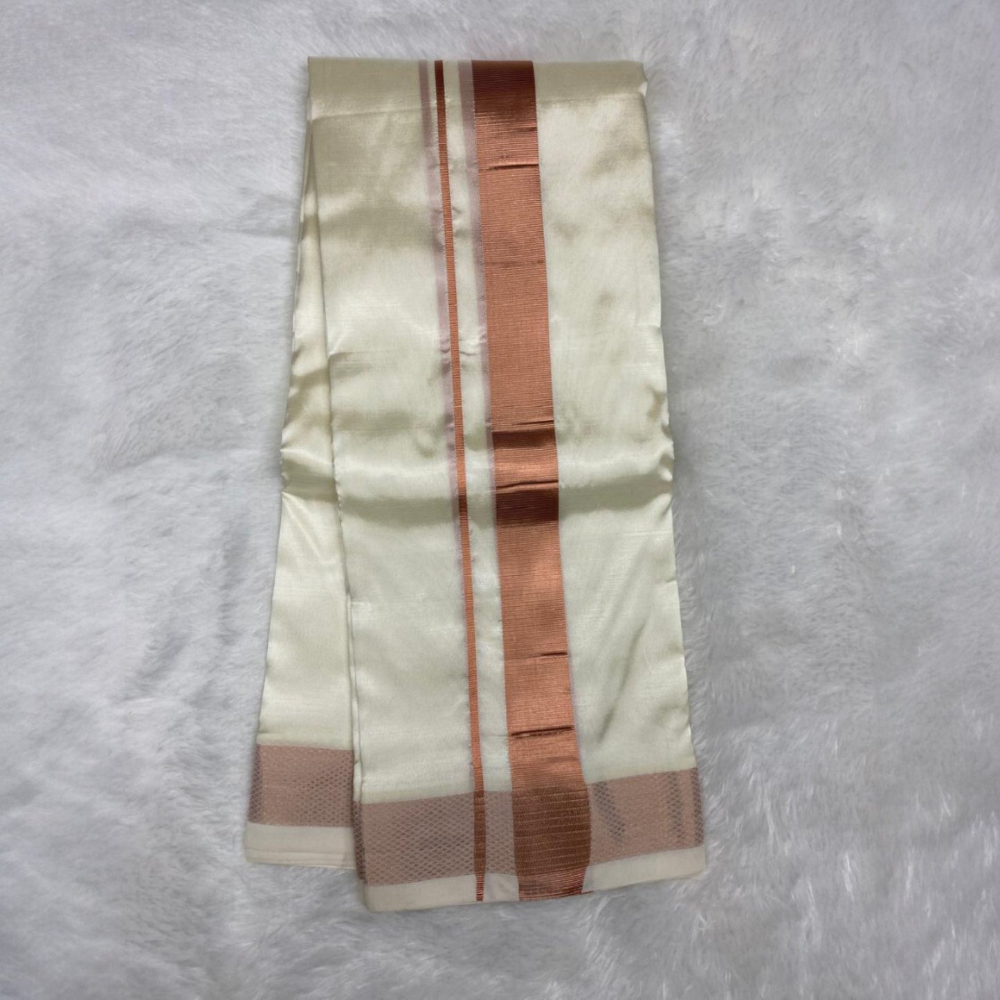 Horad Premium Art Silk Cream Balaji Embroidery Shirt + Cream with Copper Border Dhoti + Belt
