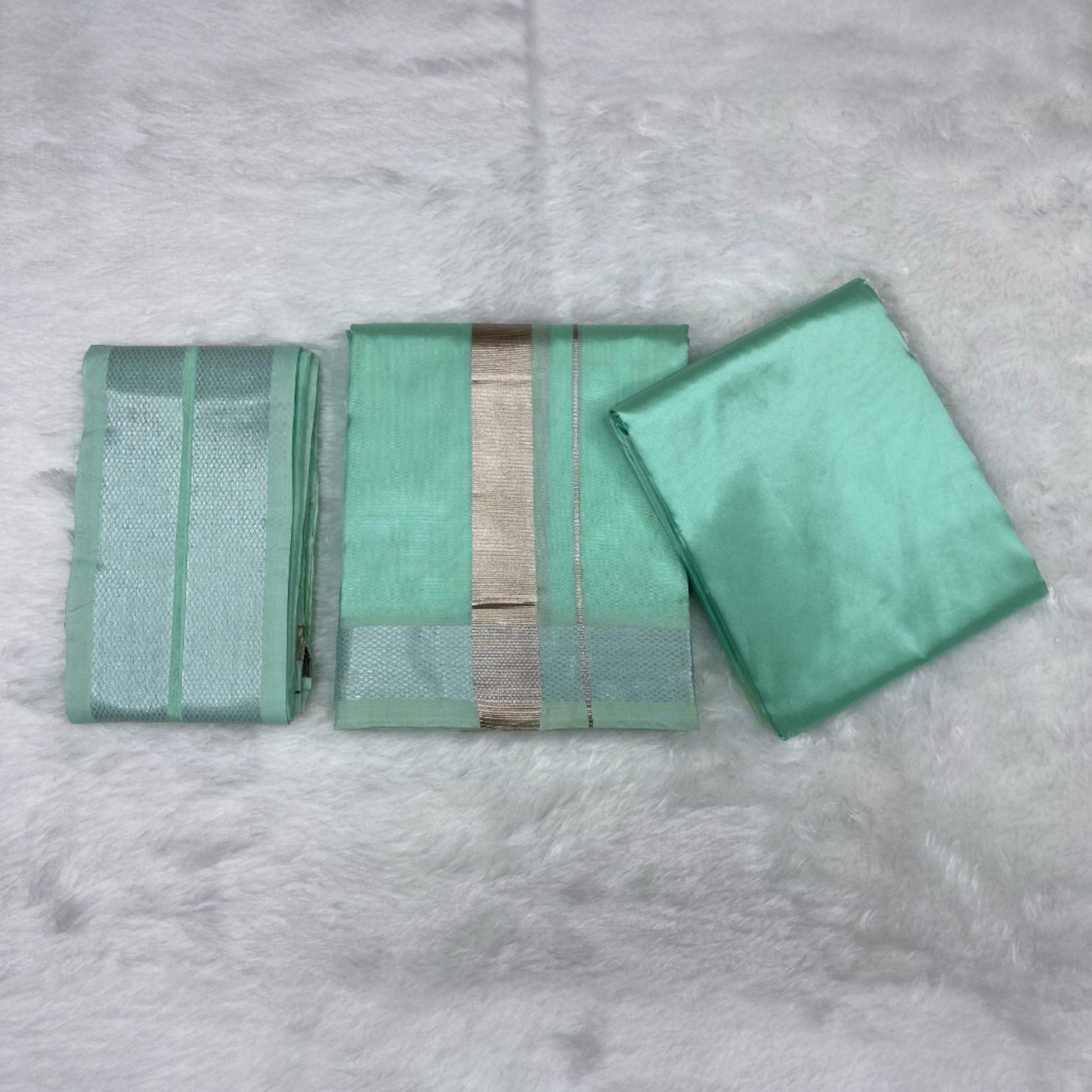 HORAD Premium Art Silk ML.Green Dhoti with Shirt Material + Angavastram (8X4)