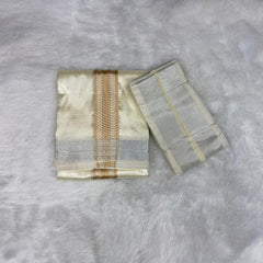 HORAD Premium Art Silk Cream with Gold + Silver Border Dhoti + Angavastram