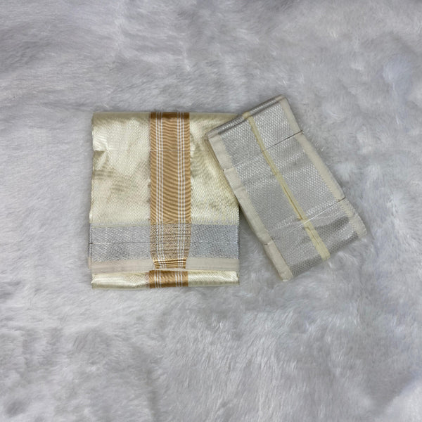 HORAD Premium Art Silk Cream with Gold + Silver Border Dhoti + Angavastram
