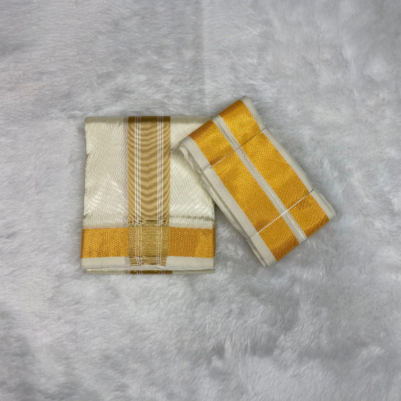 HORAD Premium Art Silk Gold with Gold Border Dhoti + Angavastram