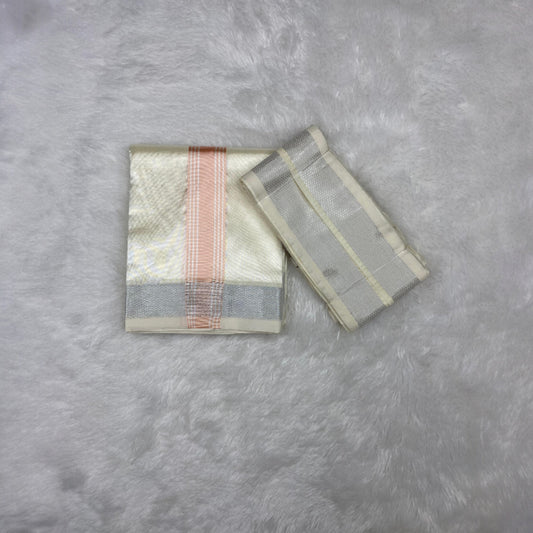 HORAD Premium Art Silk Cream with Rose Gold+Silver Border Dhoti + Angavastram