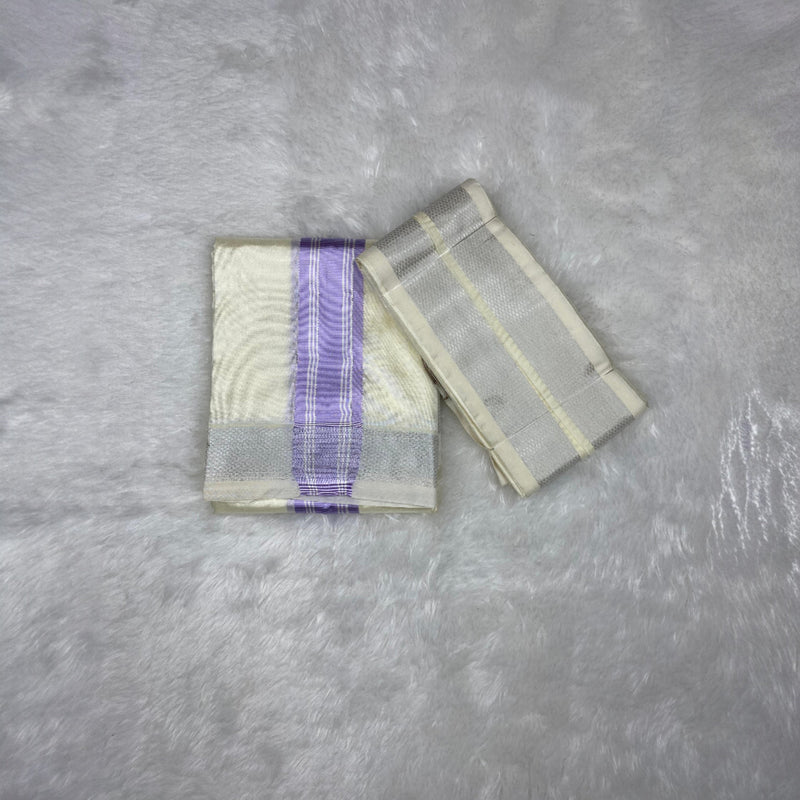HORAD Premium Art Silk Cream with Lavender+Silver Border Dhoti + Angavastram