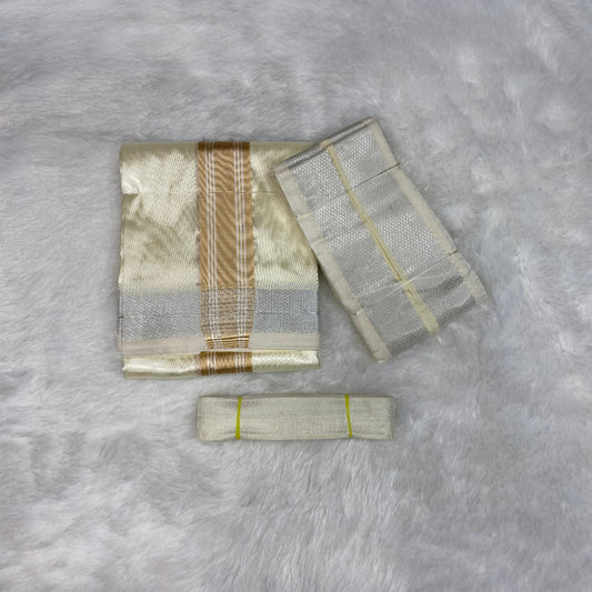 HORAD Premium Art Silk Cream with Gold + Silver Border Dhoti + Angavastram + Belt