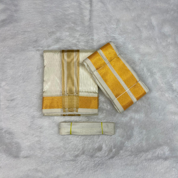 HORAD Premium Art Silk Gold with Gold Border Dhoti + Angavastram + Belt