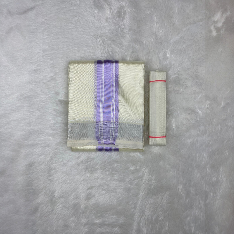 HORAD Premium Art Silk Cream with Lavender+Silver Border Dhoti + Belt