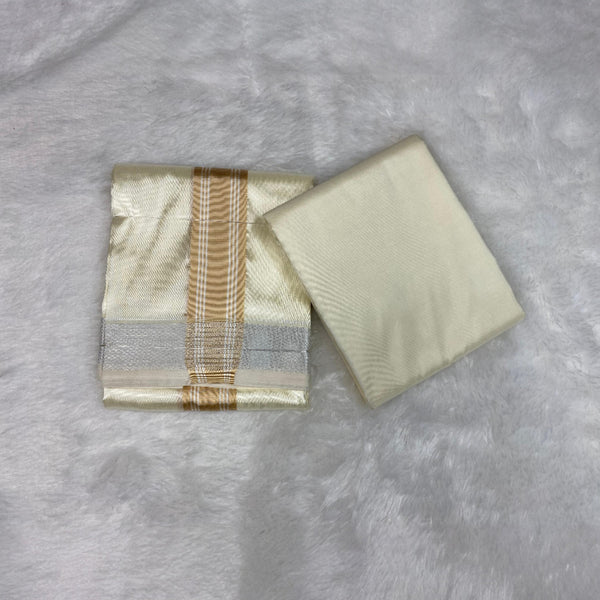 HORAD Premium Art Silk Cream with Gold + Silver Border Dhoti with Cream Shirt Material