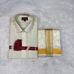 Horad Premium Art Silk Cream Shirt + Cream with Gold Border Dhoti