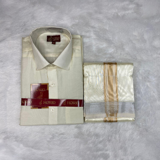 Horad Premium Art Silk Cream Shirt +Cream with  Gold + Silver Border Dhoti