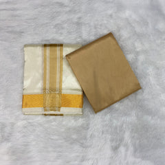 HORAD Premium Art Silk Gold with Gold Border Dhoti with Cream Shirt Material