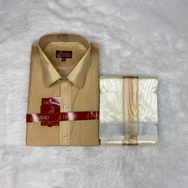 Horad Premium Art Silk Light Gold Shirt + Cream with Gold + Silver Border Dhoti