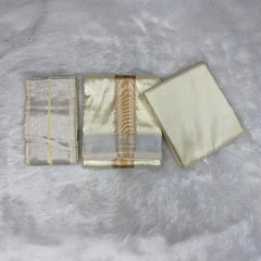 HORAD Premium Art Silk Cream with Gold + Silver Border Dhoti with Cream Shirt Material + Angavastram