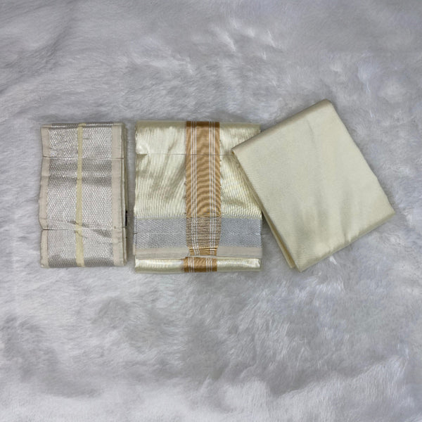 HORAD Premium Art Silk Cream with Gold + Silver Border Dhoti with Cream Shirt Material + Angavastram