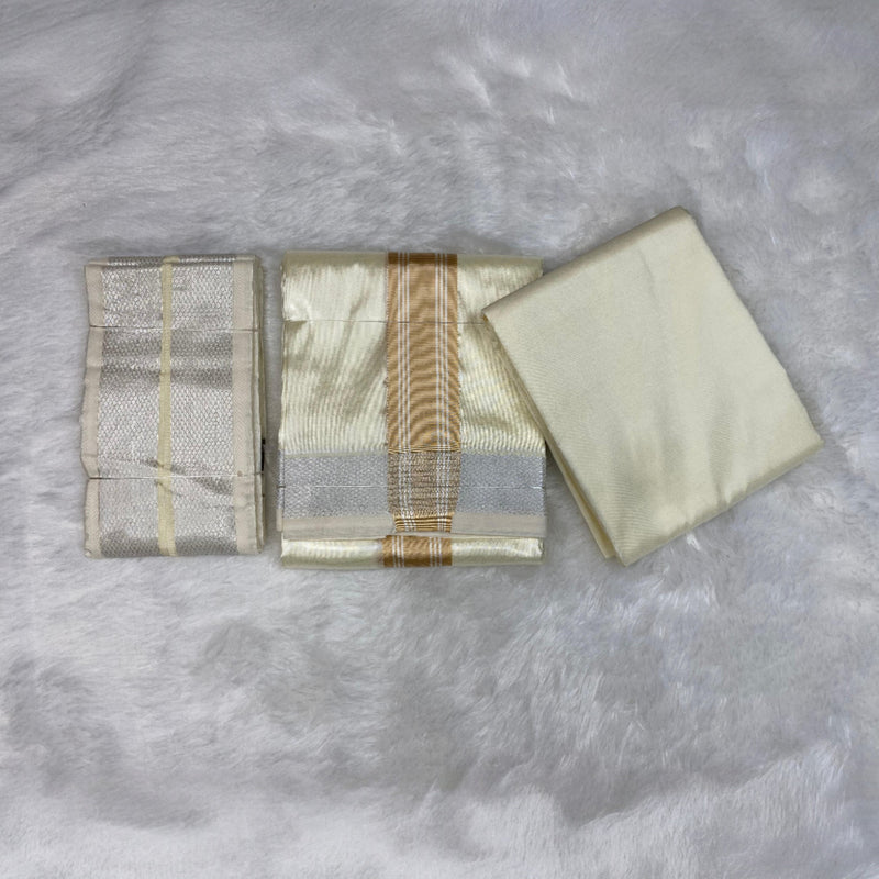 HORAD Premium Art Silk Cream with Gold + Silver Border Dhoti with Cream Shirt Material + Angavastram