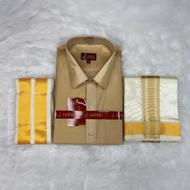 Horad Premium Art Silk Light Gold Shirt + Cream with Gold Border Dhoti + Angavastram