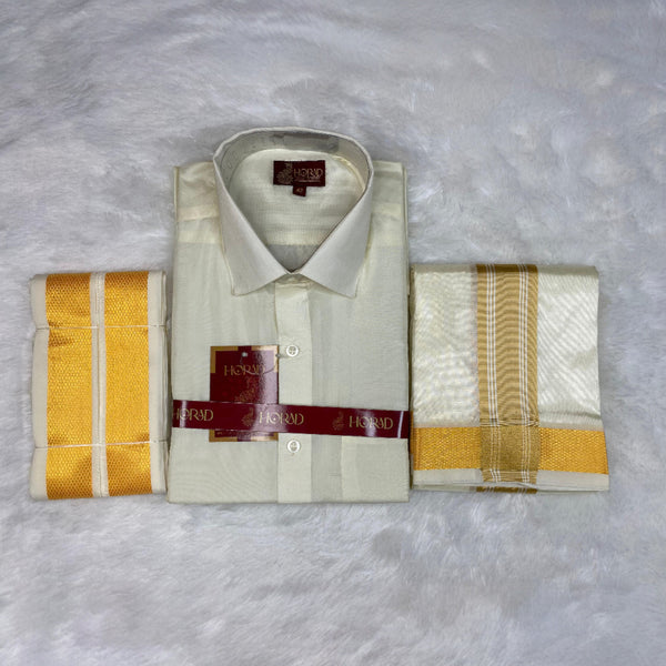 Horad Premium Art Silk Cream Shirt + Cream with Gold Border Dhoti + Angavastram