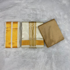 HORAD Premium Art Silk Gold with Gold Border Dhoti with Cream Shirt Material + Angavastram