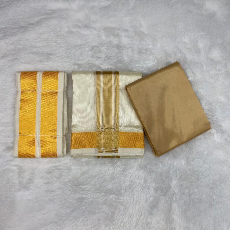 HORAD Premium Art Silk Gold with Gold Border Dhoti with Cream Shirt Material + Angavastram