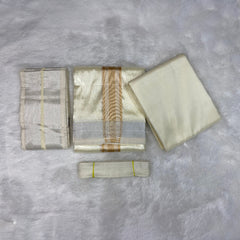 HORAD Premium Art Silk Cream with Gold + Silver Border Dhoti with Cream Shirt Material + Angavastram + Belt