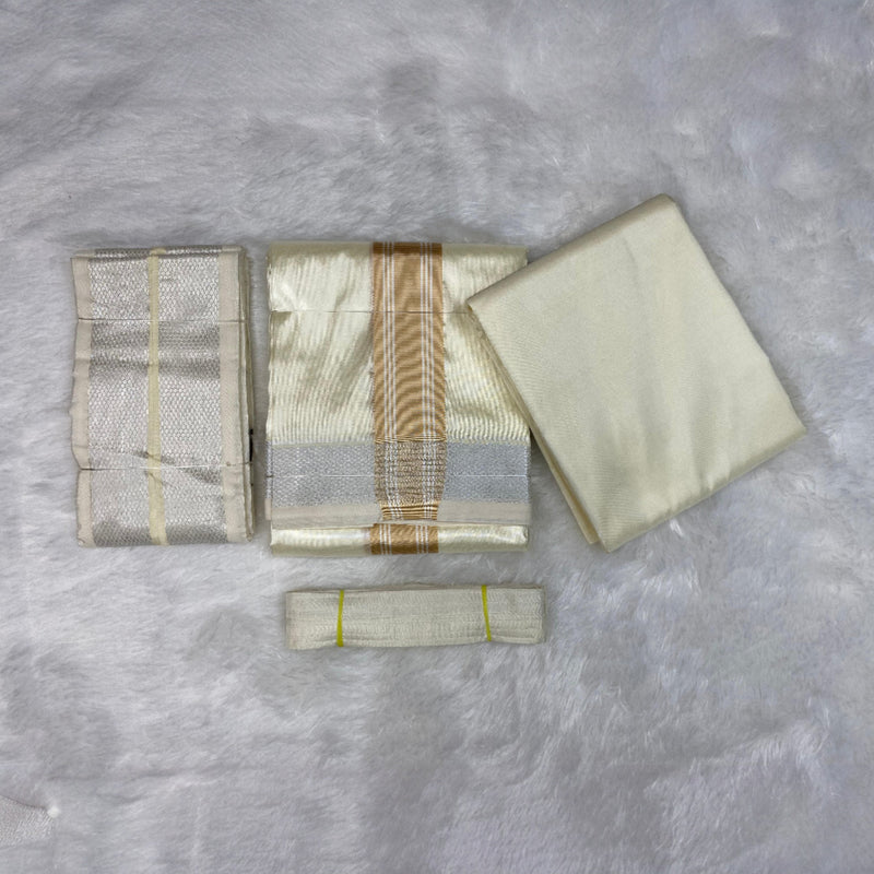 HORAD Premium Art Silk Cream with Gold + Silver Border Dhoti with Cream Shirt Material + Angavastram + Belt
