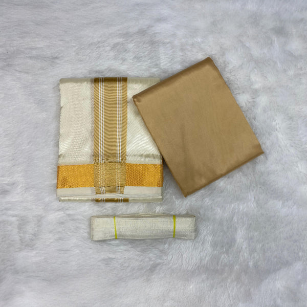 HORAD Premium Art Silk Gold with Gold Border Dhoti with Cream Shirt Material + Belt