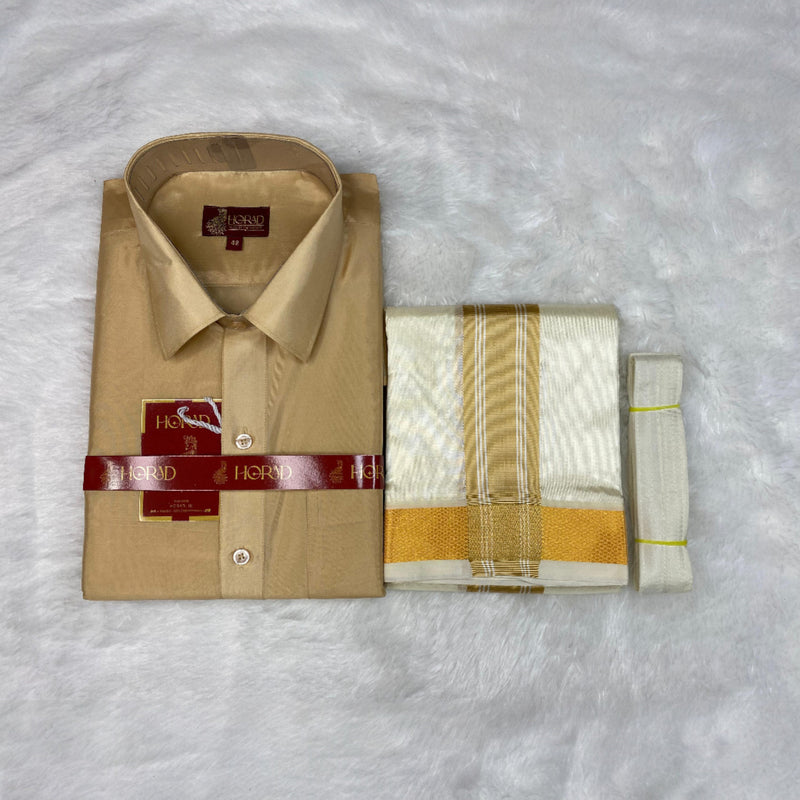 Horad Premium Art Silk Light Gold Shirt + Cream with Gold Border Dhoti + Belt