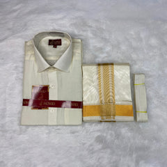 Horad Premium Art Silk Cream Shirt + Cream with Gold Border Dhoti + Belt