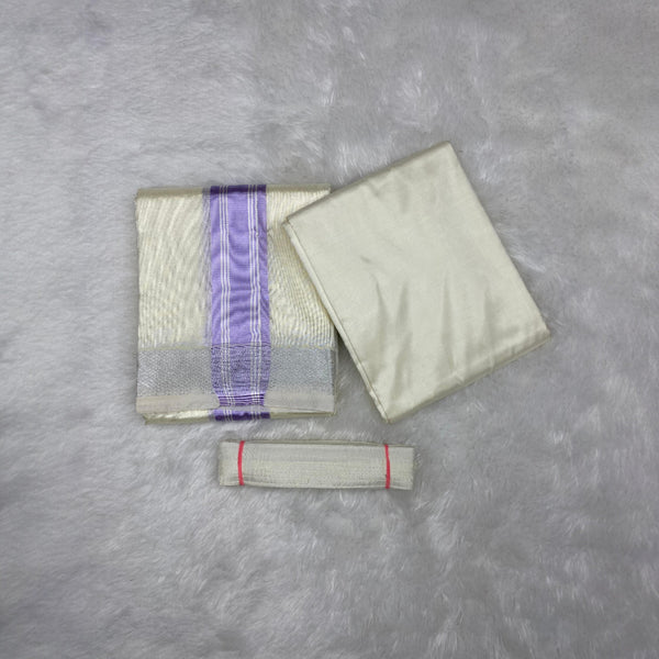 HORAD Premium Art Silk Cream with Lavender+Silver Border Dhoti with Cream Shirt Material + Belt