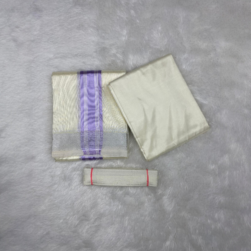HORAD Premium Art Silk Cream with Lavender+Silver Border Dhoti with Cream Shirt Material + Belt
