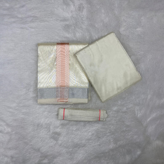 HORAD Premium Art Silk Cream with Rose Gold+Silver Border Dhoti with Cream Shirt Material + Belt
