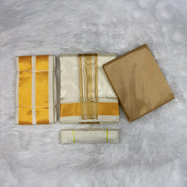 HORAD Premium Art Silk Gold with Gold Border Dhoti with Cream Shirt Material + Angavastram + Belt