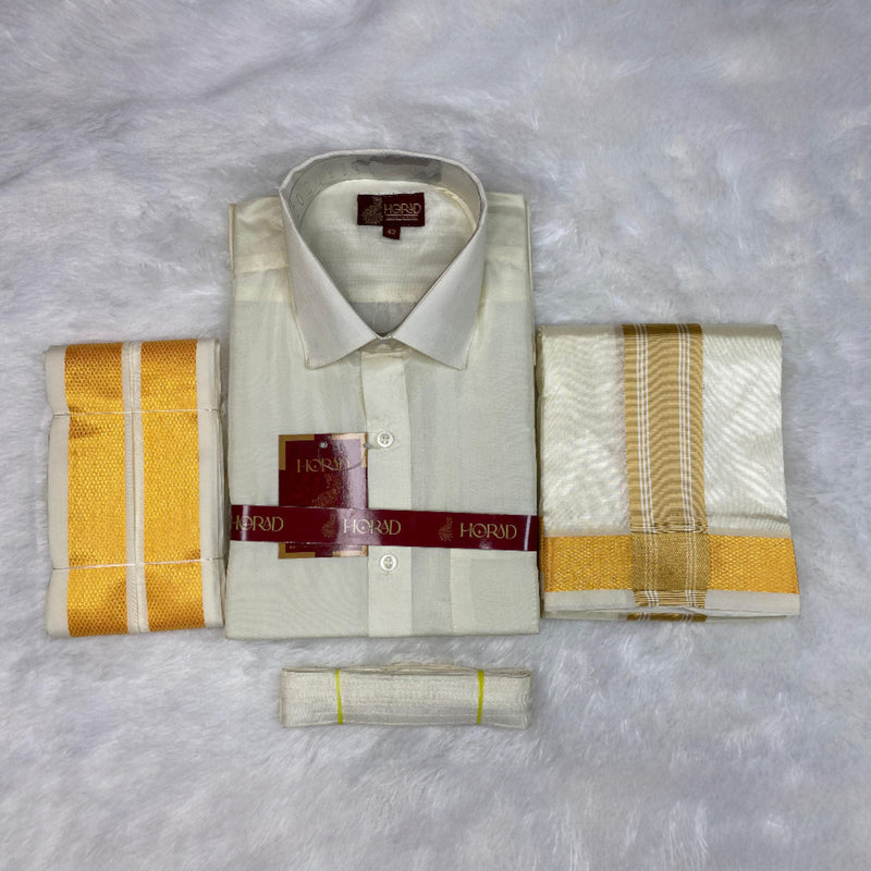 Horad Premium Art Silk Cream  Shirt + Cream with Gold Border Dhoti + Angavastram + Belt