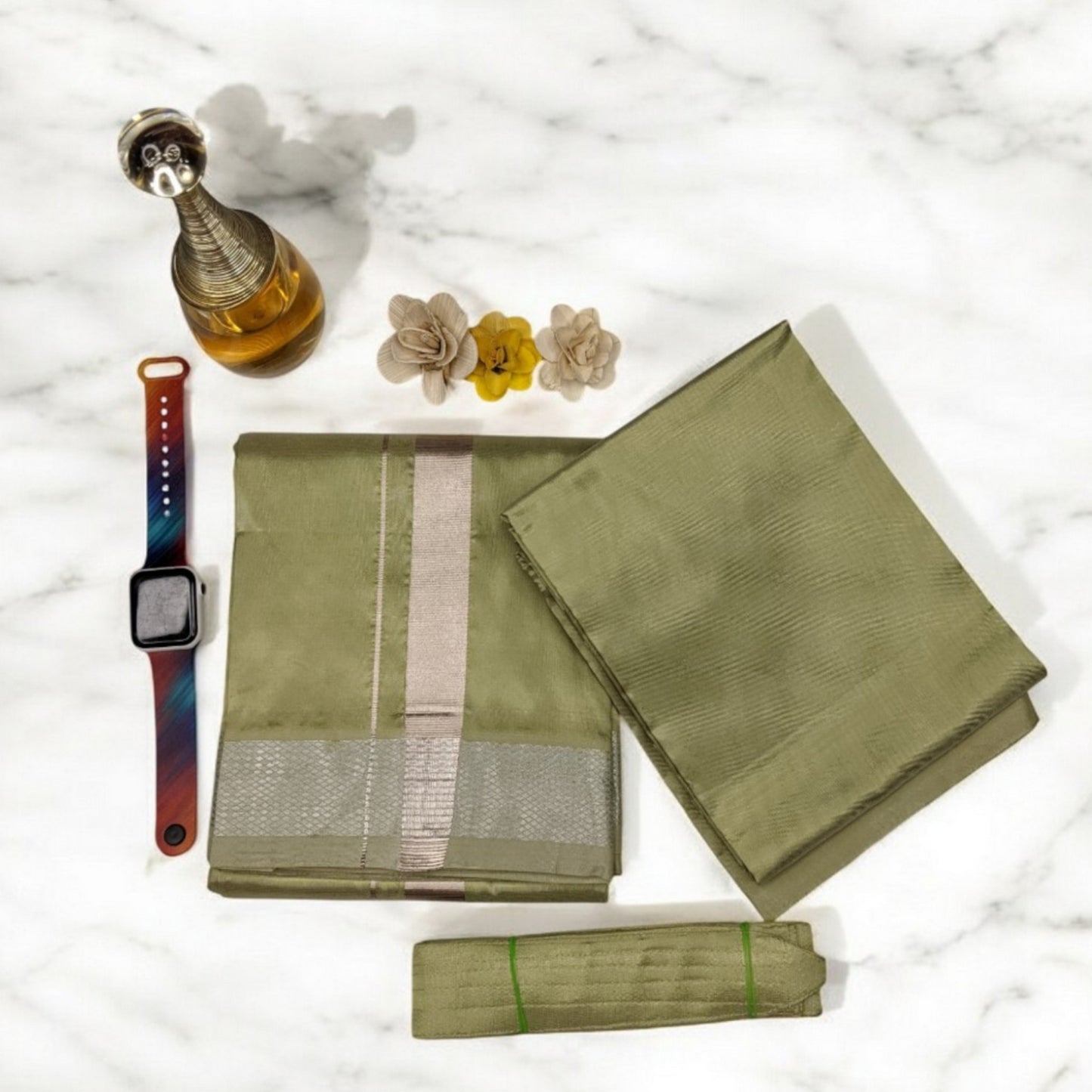 HORAD Premium Art Silk FIR.Green  Dhoti with Shirt Material + Belt