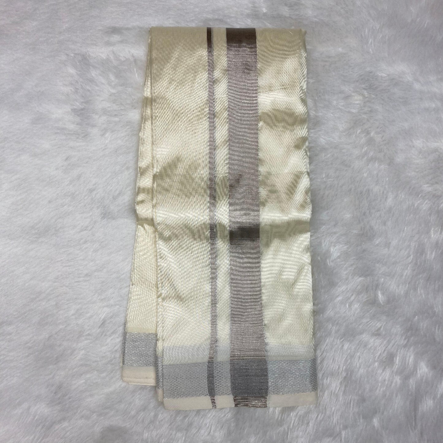 Horad Premium Art Silk Cream Balaji Embroidery Shirt + Cream with Silver Border Dhoti + Angavastram + Belt
