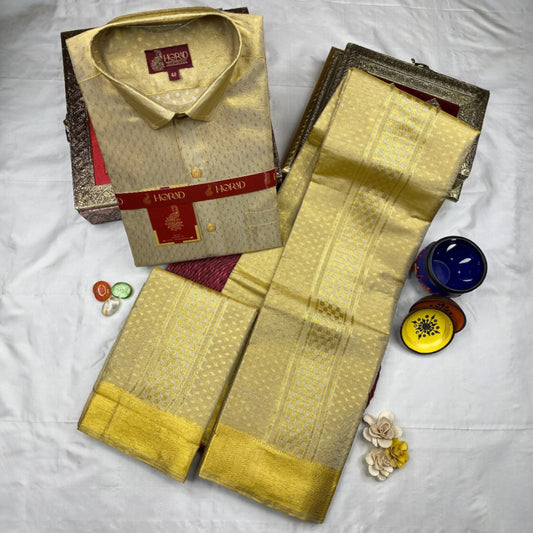 Horad Premium Art Silk Gold Tissue Emboss Shirt + Dhoti + Angavastram