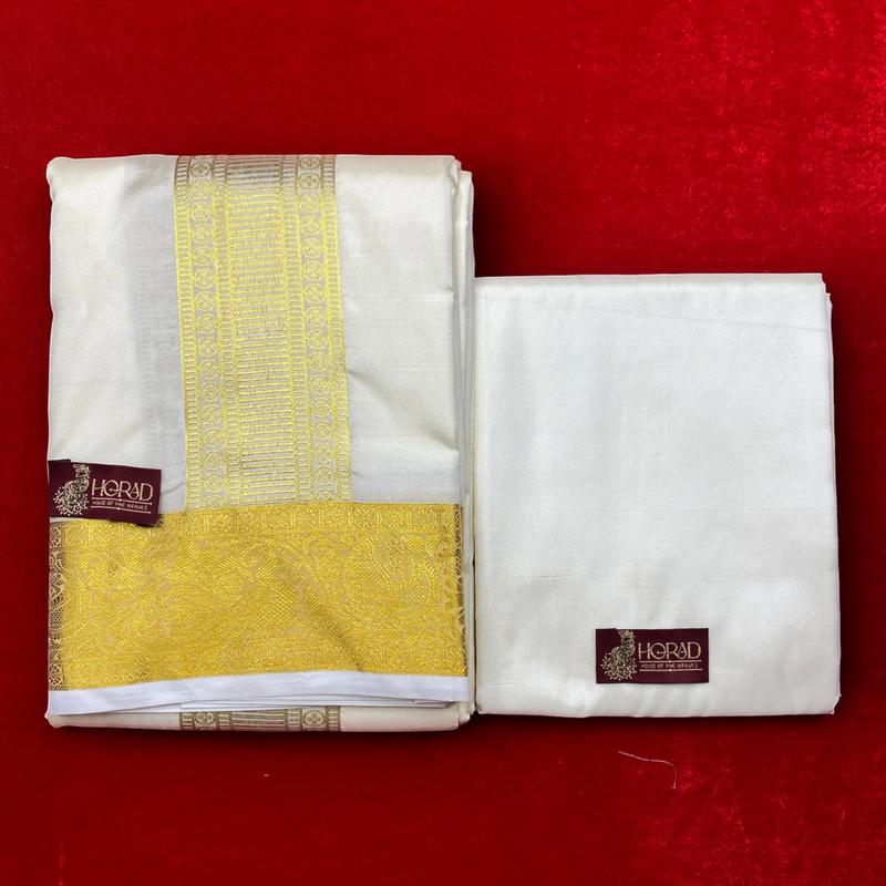 Horad Premium Art Silk Cream Peacock Border Shirt Material+Dhoti ( 2 in 1)