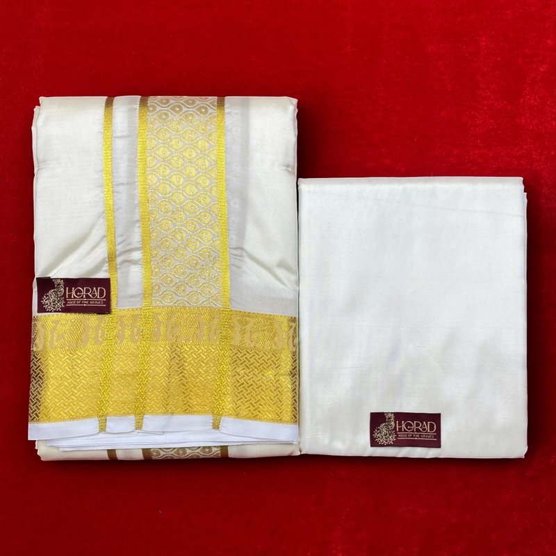 Horad Premium Art Silk Cream Shirt Material+Dhoti ( 2 in 1)