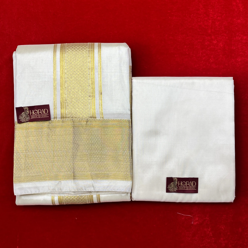 Horad Premium Art Silk Cream 4 inch Border Shirt Material+Dhoti ( 2 in 1)