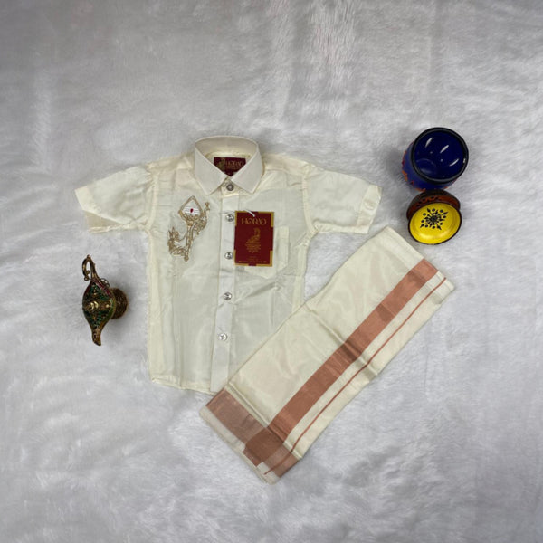 Horad Premium Art Silk Cream Vel and Peacock Embroidery Kids Set