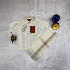 Horad Premium Art Silk Cream Vel and Peacock Embroidery Kids Set