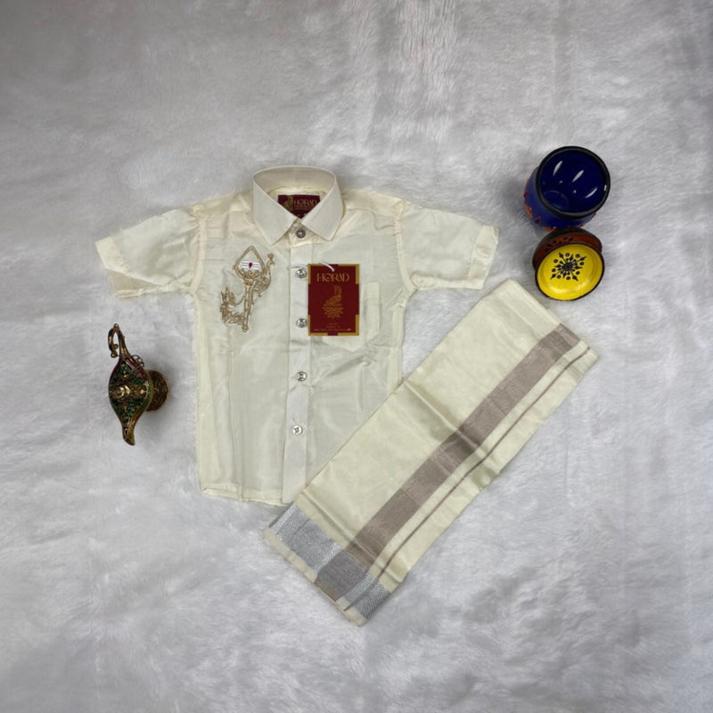 Horad Premium Art Silk Cream Vel and Peacock Embroidery Kids Set