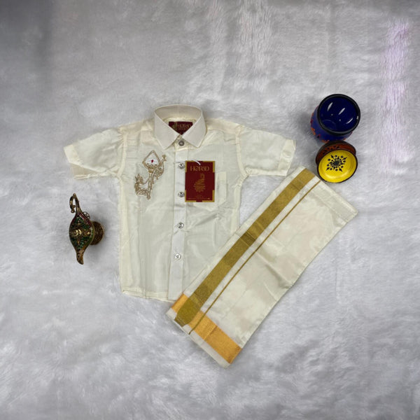 Horad Premium Art Silk Cream Vel and Peacock Embroidery Kids Set